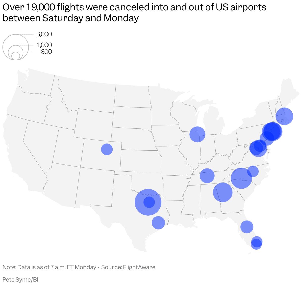 A map of the continental US with symbols for each of the 20 airports with the most cancellations on the weekend of January 24-25