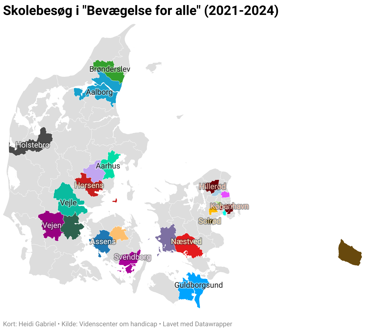 Skolebesøg ifm. projekterne "Bevægelse for alle" og "Det digitale bevægelsesunivers"
Kolding:	
Ungdomsskolen Kolding	
Vonsild Skole	
Vamdrup Skole	
Munkevængets Skole
Aalborg:	
Gug Skole	
Professionshøjskolen UCN	
Idrætsmødet	
Holstebro:	
Pædagoguddannelsen, VIA University College			
Aarhus:
Vorrevangskolen	
Lærfest	
RE-Move konference	
Brønderslev:	
Klokkerholm Skole			
Skanderborg:	
Virring Skole			
Horsens:	
Bakkeskolen			
Vejen:	
Bridging Konference			
Odense:	
Nørrebjergskolen			
Assens:	
Tommerup Skole			
Svendborg:	
Handicaprådet	
Den Frie Lærerskole		
Slagelse:	
Hashøjskolen	
Stillinge Skole	
Skælskør Skole	
Bornholm:	
Kongeskærskolen			
Hillerød:	
Pædagogisk assistentuddannelse			
Allerød:	
Kratbjergskolen			
Rudersdal:	
Skovlyskolen			
Frederiksberg:	
Søndermarkskolen	
Idrætslærernetværk		
Høje-Taastrup:	
Møllehøjskolen			
Ballerup:	
Skovlunde Skole			
Glostrup:
Herstedvester Skole			
København:	
Dyvekeskolen			
Hvidovre:	
Avedøre Skole			
Solrød:	
Køge Bugt Privatskole			
Næstved:	
Pædagogisk assistentuddannelse, Zealand Business College	Kobberbakkeskolen		
Guldborgsund:
Eskilstrup Skole:
Autismecenter		
