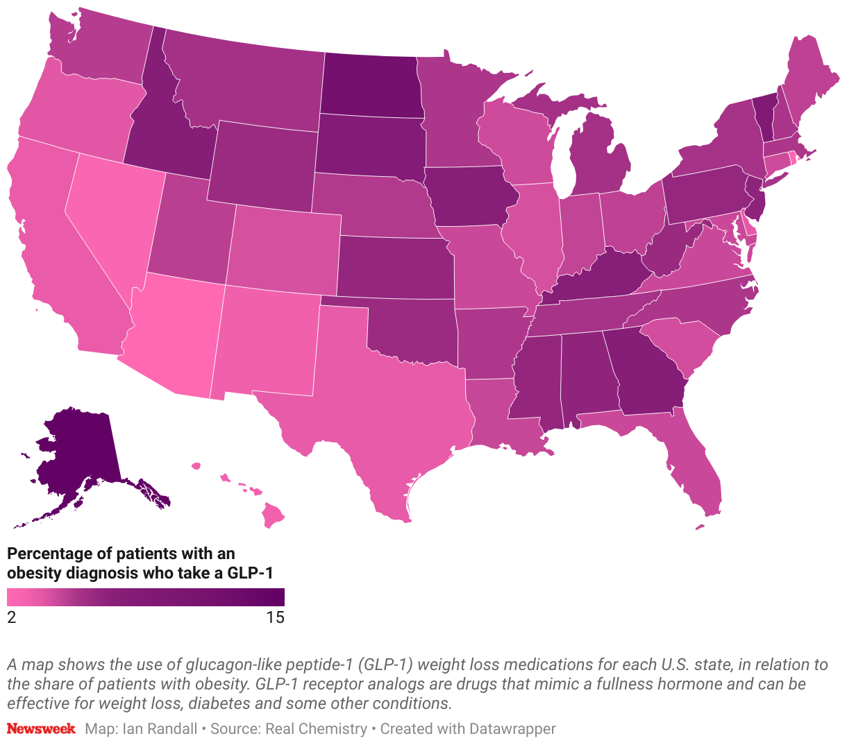 A map shows the use of Glucagon-like peptide-1 (GLP-1) weight loss medications for each U.S. state, in relation to the share of patients with obesity.