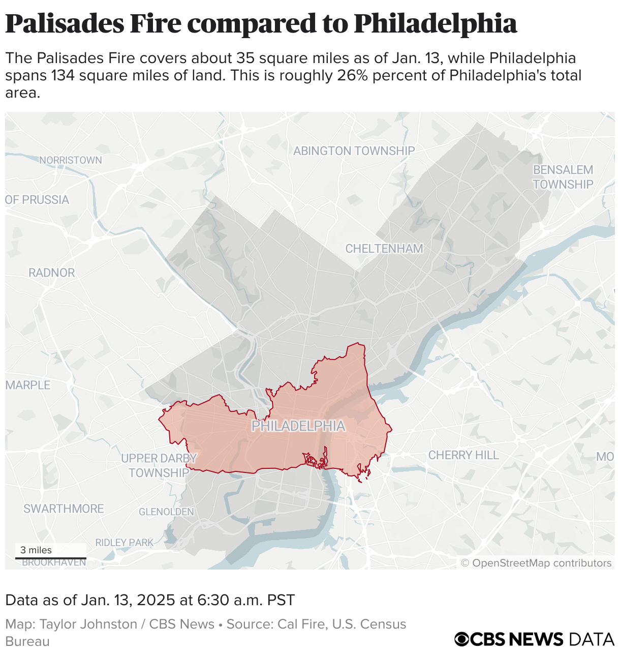 Perimeter of the Palisades Fire placed on the city of Philadelphia.