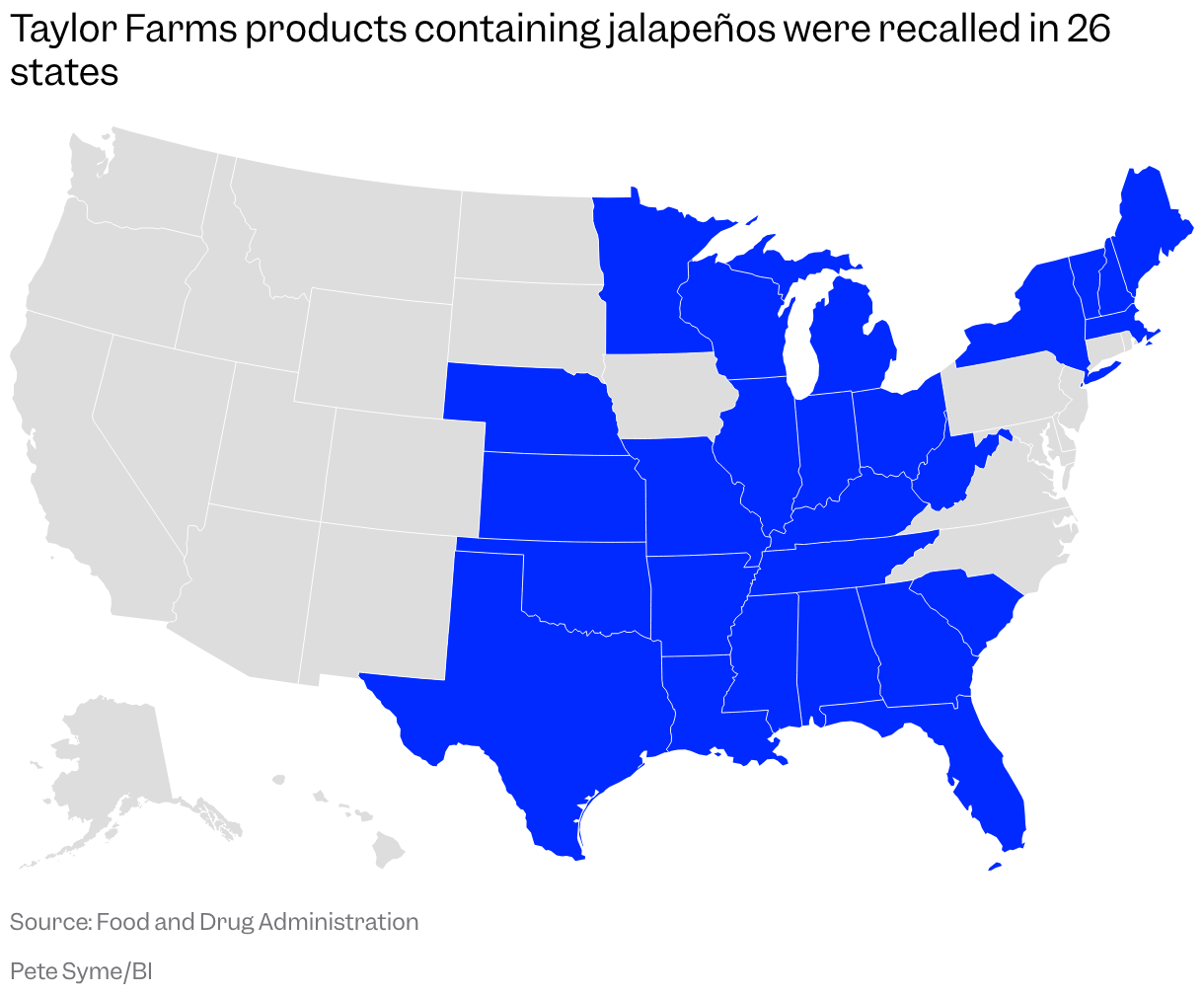 A map of the US states colored on a scale depending on whether each had products recalled by the FDA due to possible salmonella contamination