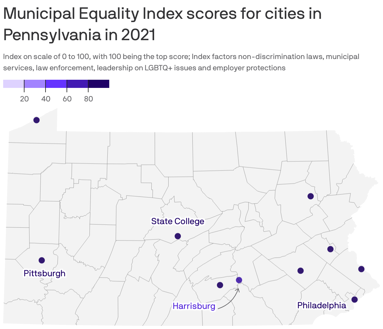 Municipal Equality Index scores for cities in Pennsylvania in 2021