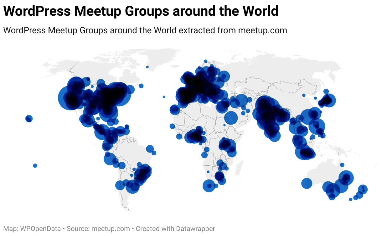 This is a dots map that shows the location of the different WordPress meetup groups in the World.