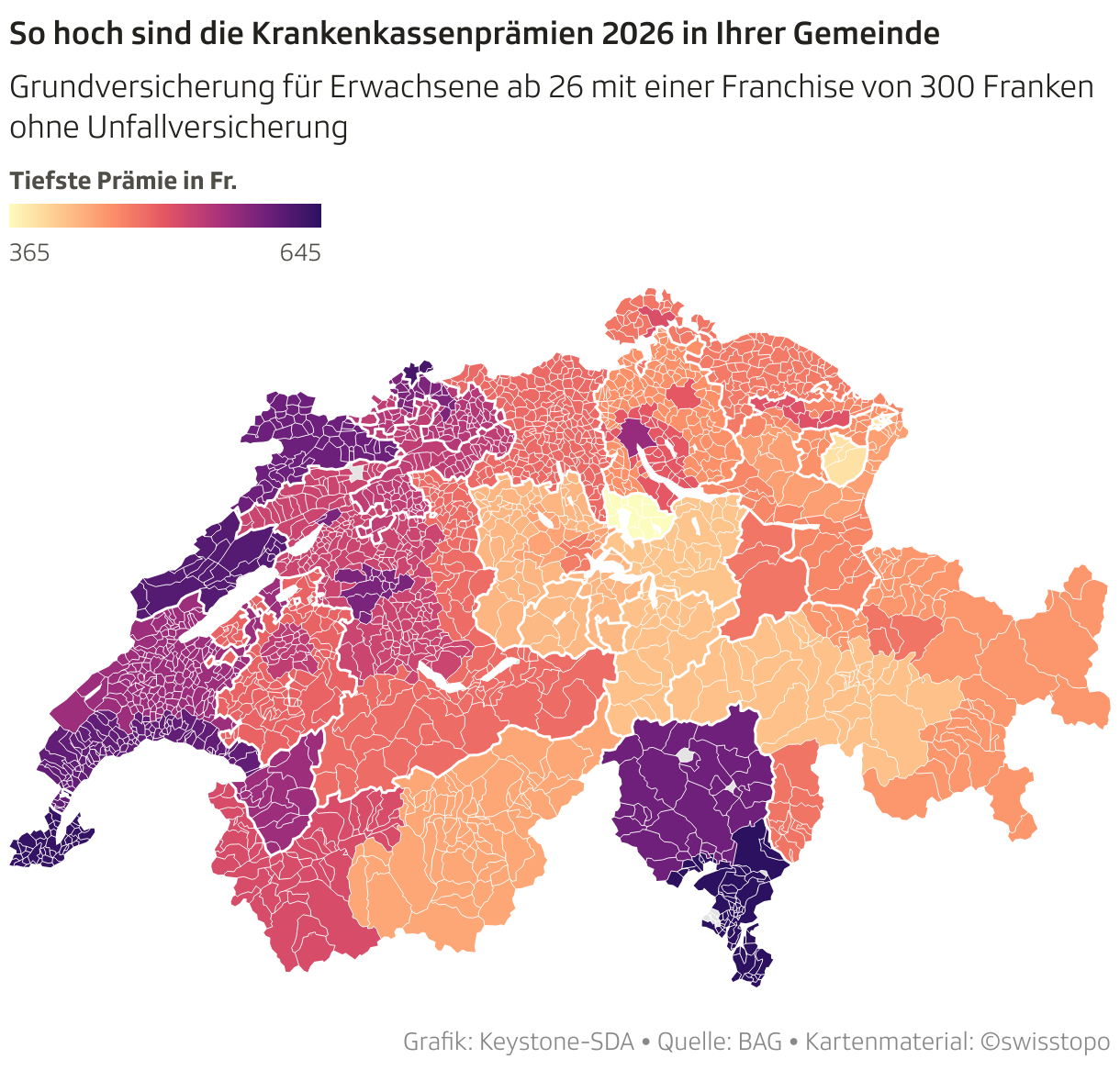 So hoch sind die Krankenkassenprämien 2026 in Ihrer Gemeinde (Choroplethen-Karte)