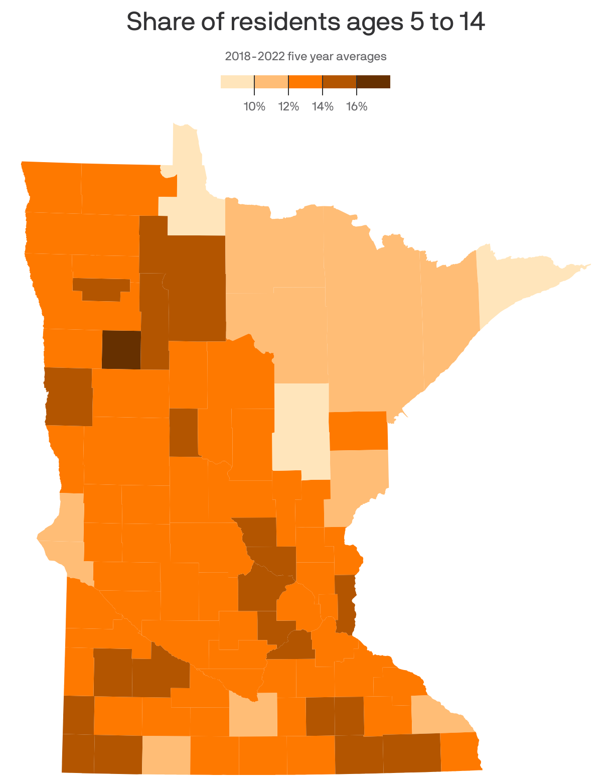 A county choropleth map showing the share of residents who are ages 5-14.