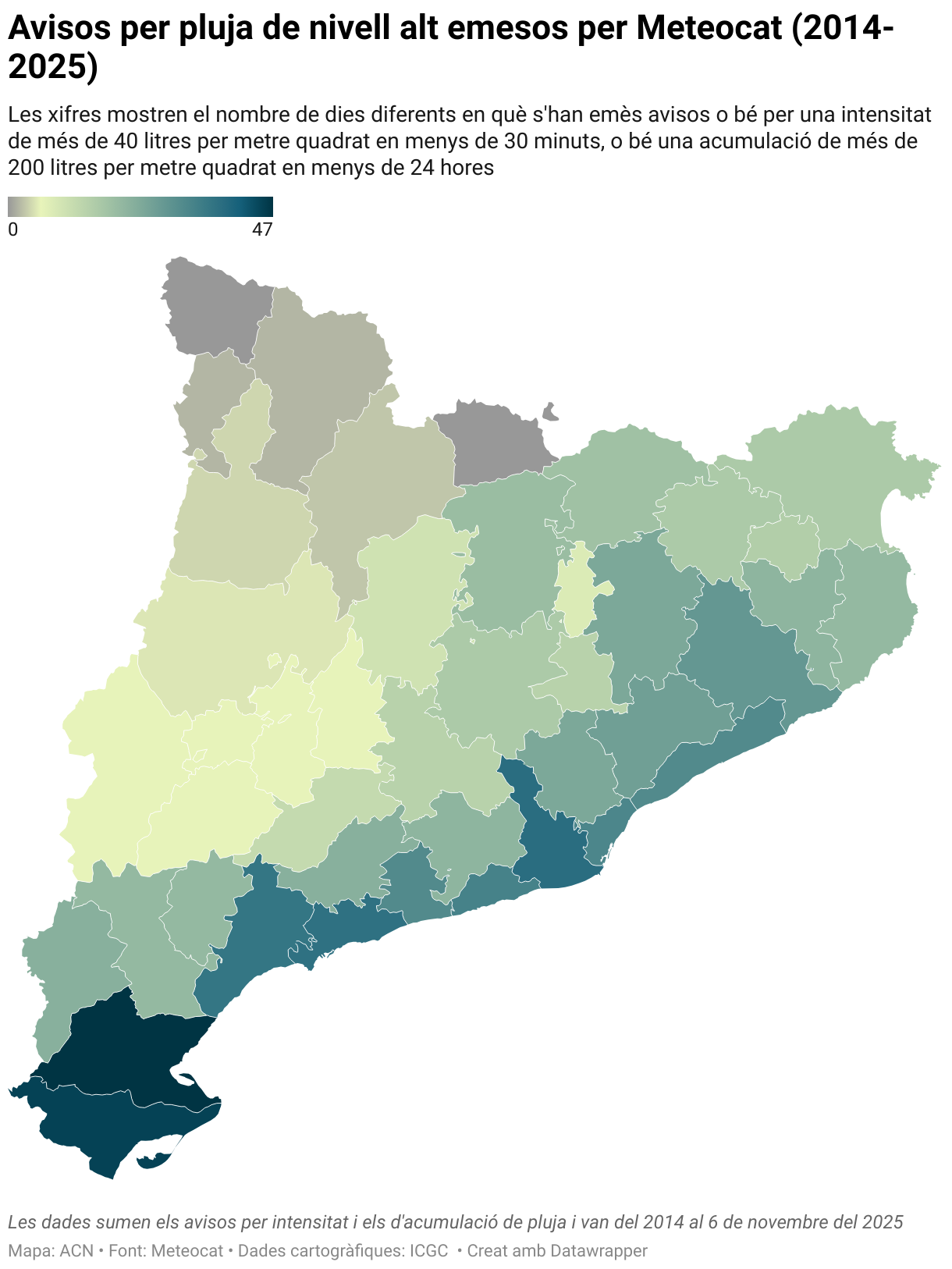 Avisos per pluja de nivell alt emesos per Meteocat (2014-2025) (Choropleth map)