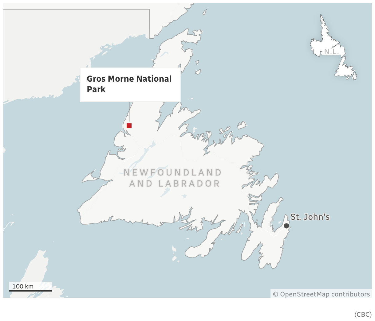 A locator map in neutral grey-blue colours locating Gros Morne National Park of Canada in the province of Newfoundland and Labrador. There is also a shape of the province of Newfoundland and Labrador in the top right corner with a red rectangle depicting the boundaries of the larger map.