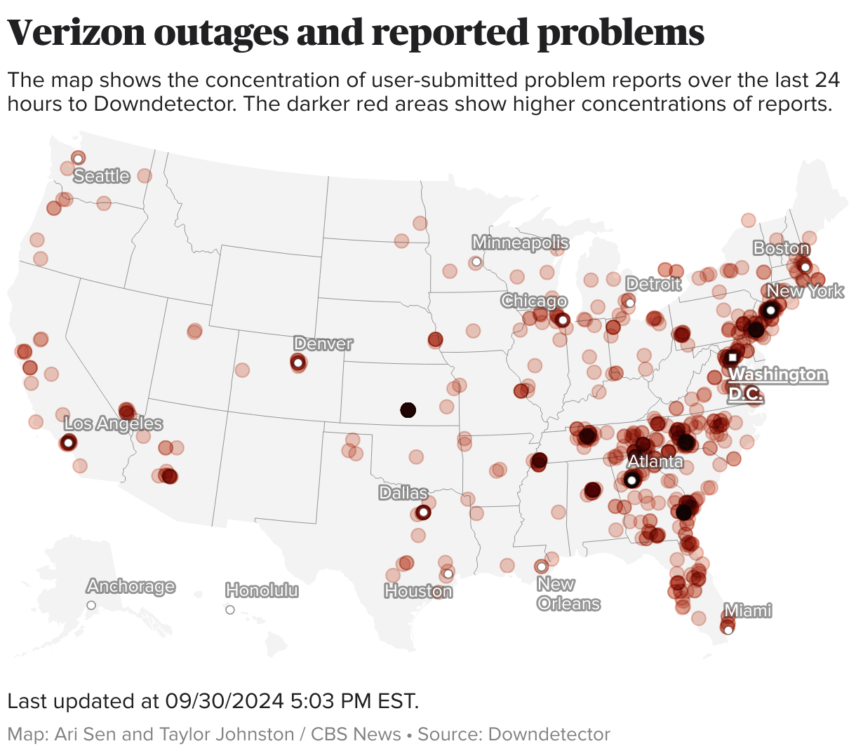 U.S. map showing areas where there have been reported Verizon outages