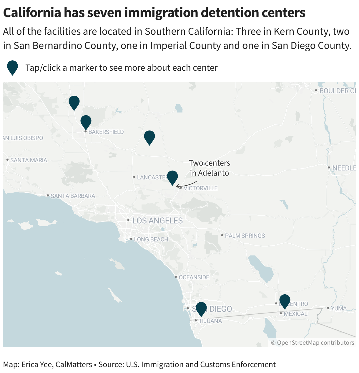 Locator map showing where the seven immigration detention centers are located in California: Three in Kern County, two in San Bernardino County, one in Imperial County and one in San Diego County.