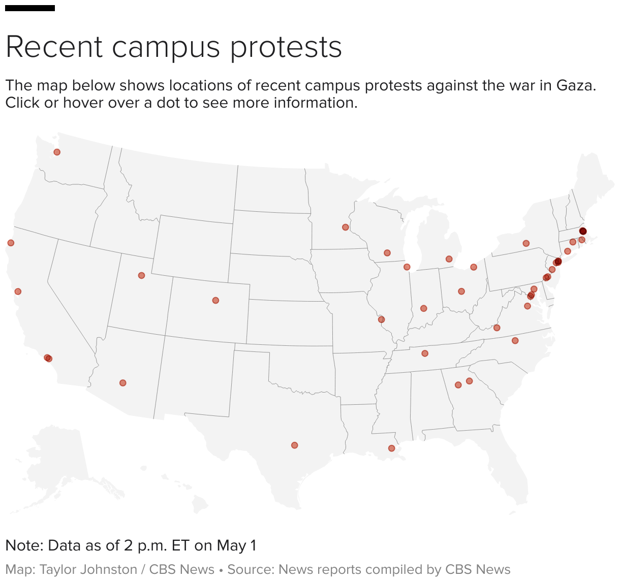 U.S. map showing locations of recent campus protests.