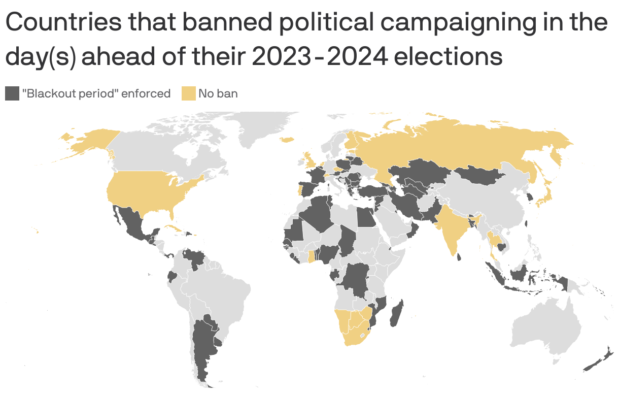 World map that shows countries that banned political campaigning in the day(s) ahead of their 2023-2024 elections. 79 countries enforced a "blackout period" while 32 did not. There is little geographic correlation between the two categories.