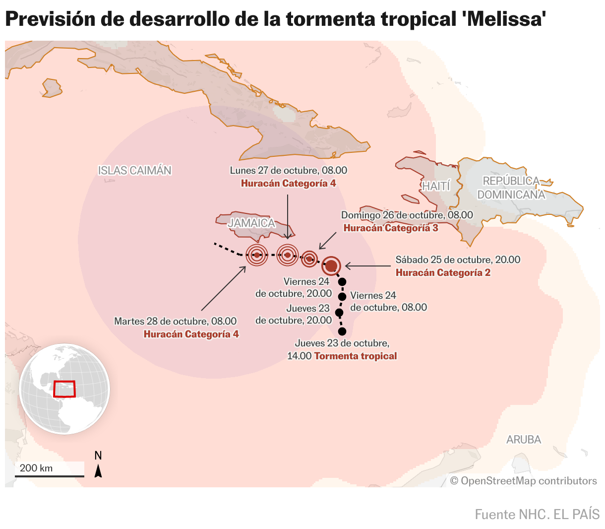 Previsión de desarrollo de la tormenta tropical 'Melissa' (Mapas de ubicación)