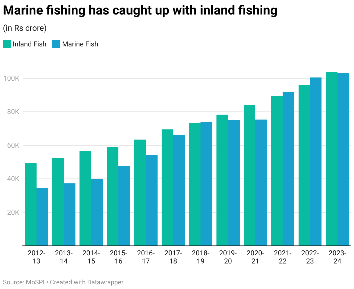 Marine fishing has caught up with inland fishing (Grouped column chart)