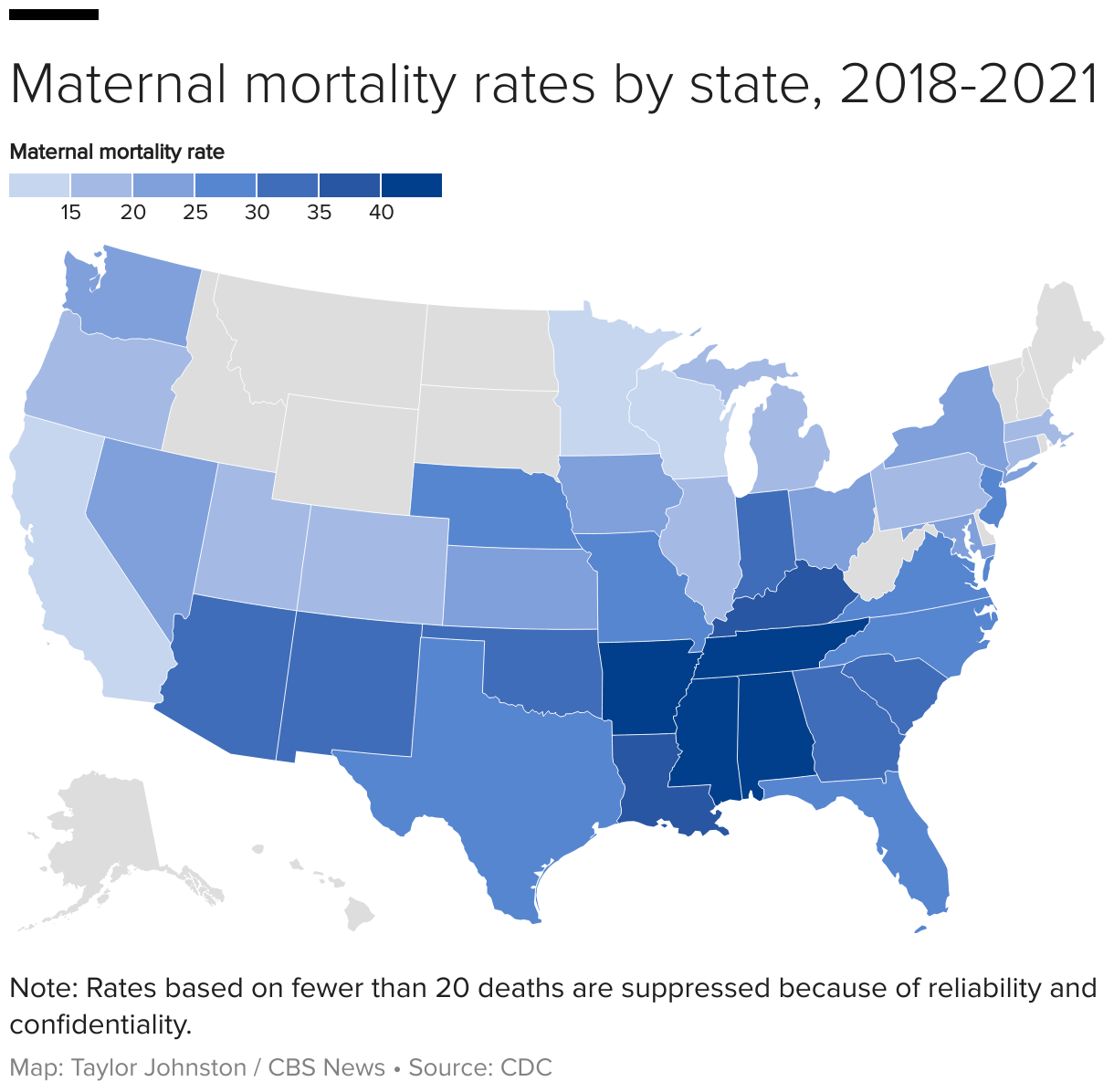 U.S. map showing maternal morality rates by state from 2018 to 2021,