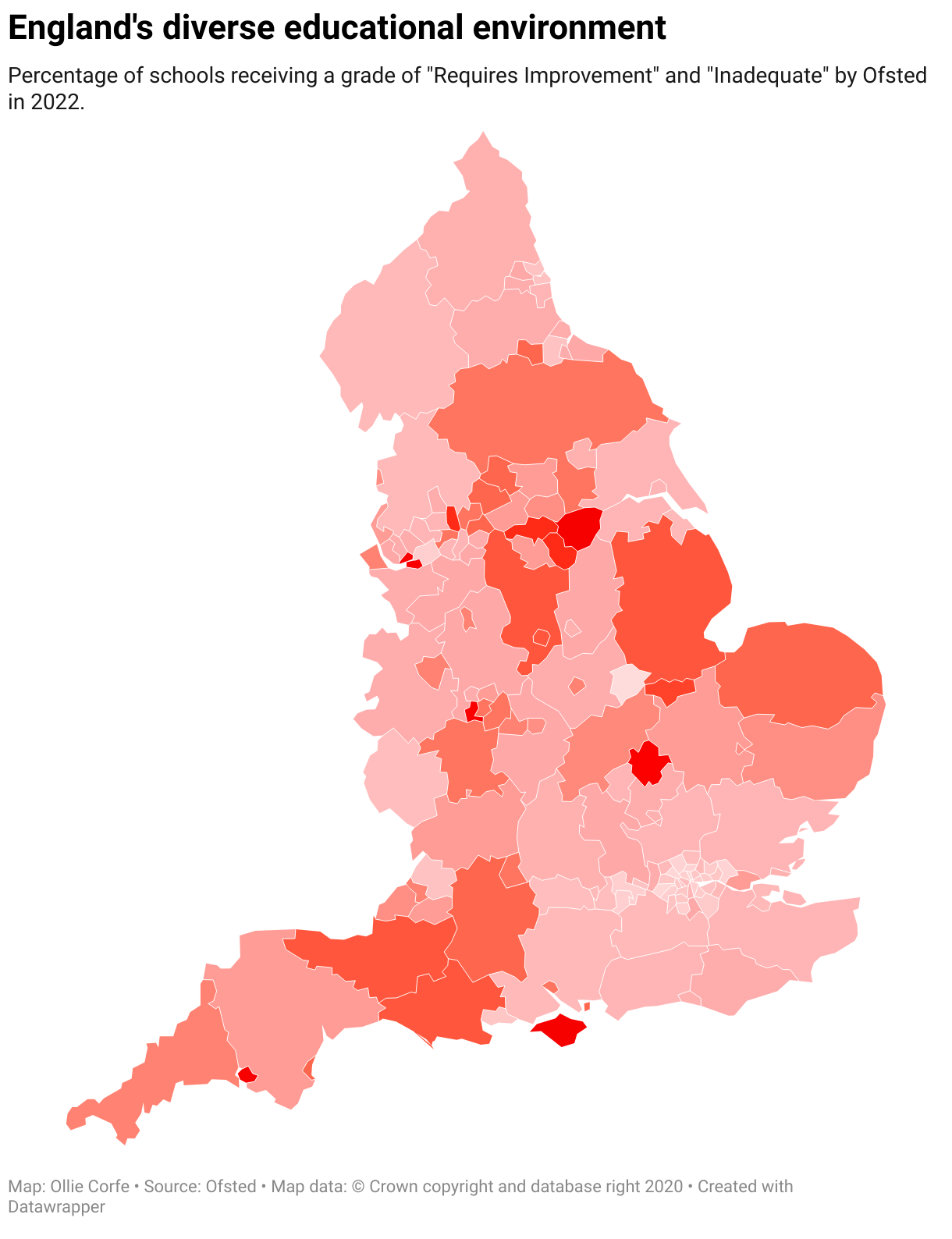 Map of the UK coloured by Ofsted grades.
