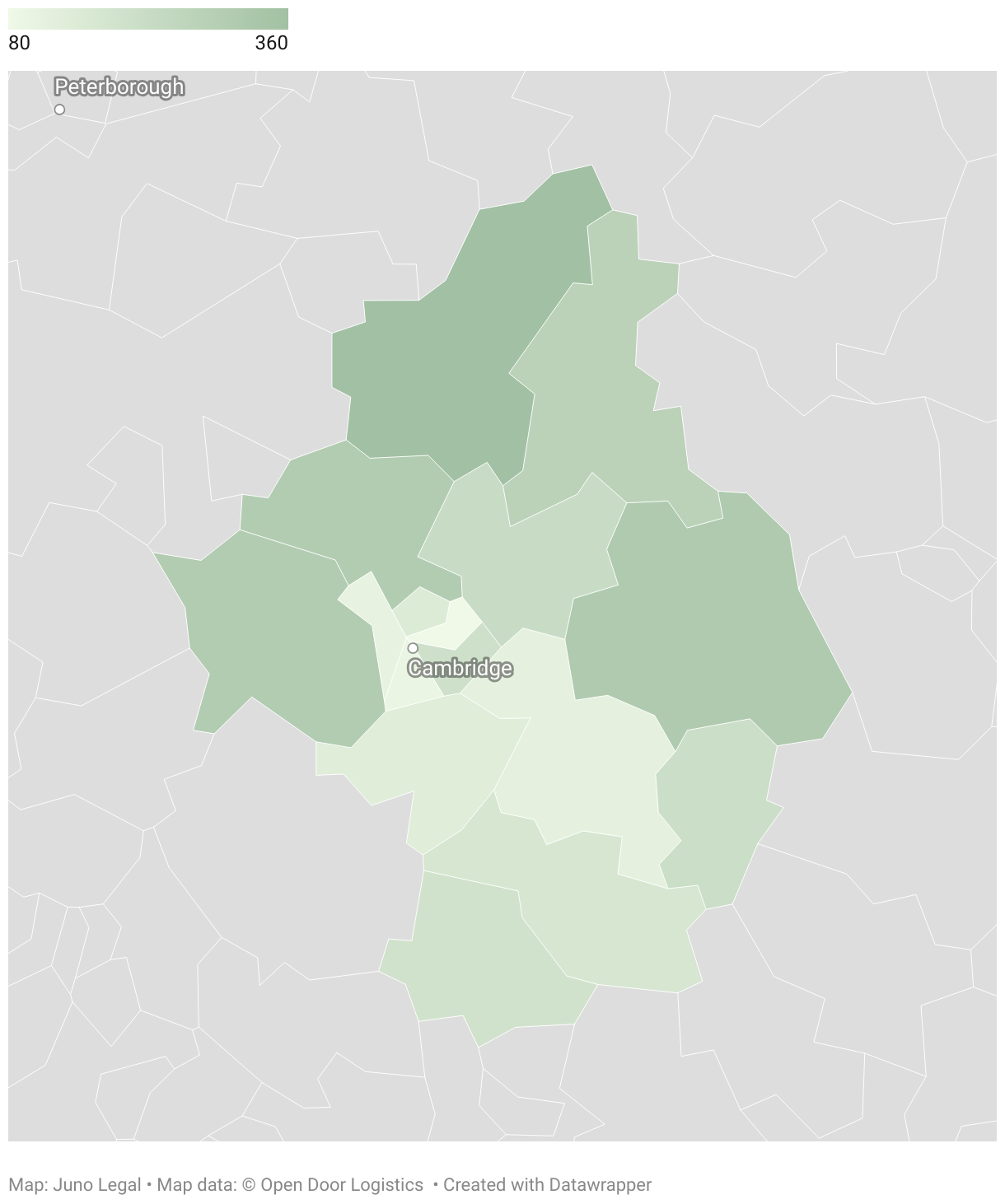 An interactive map showing the number of properties listed in each Cambridge Postcode