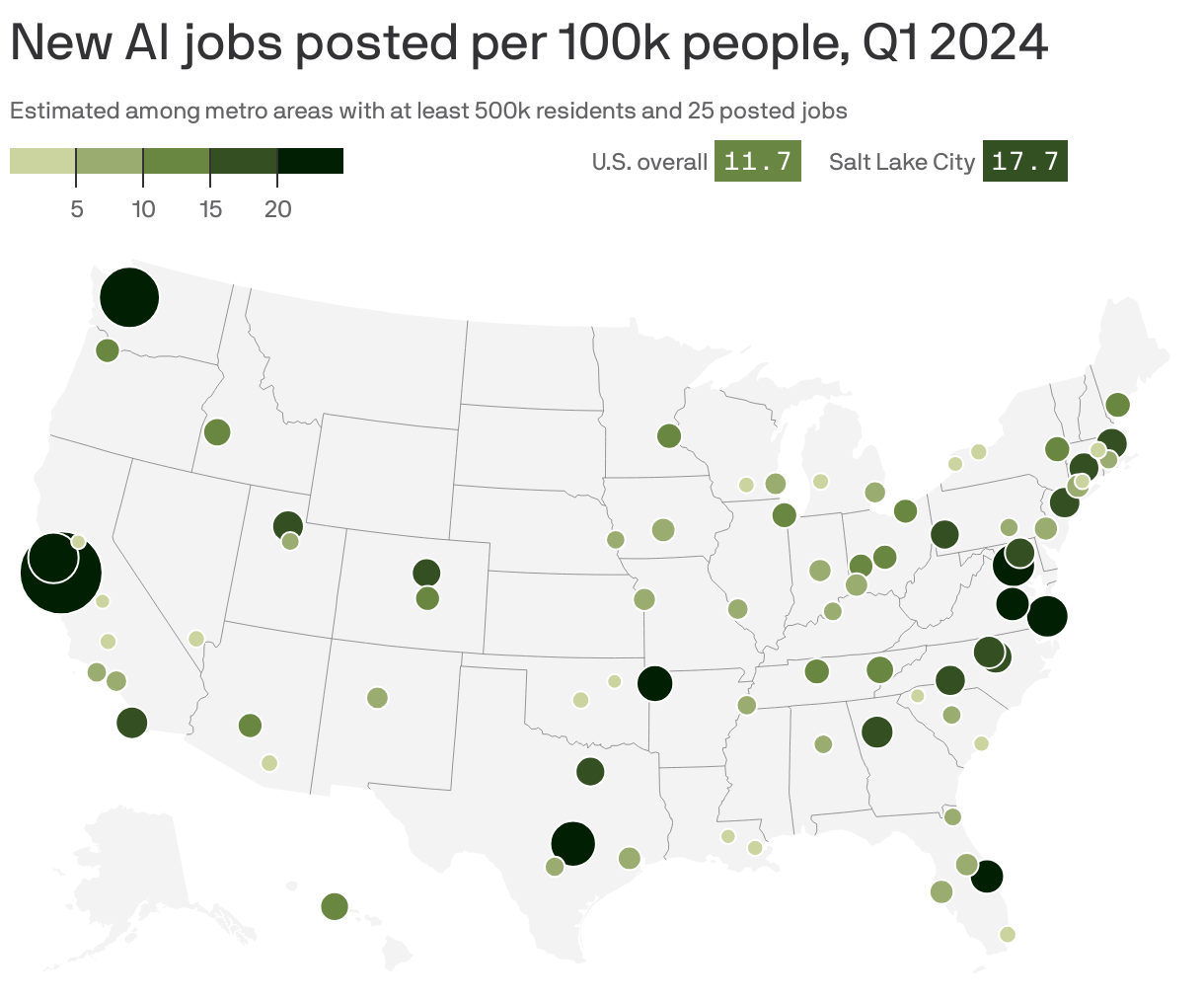 New AI jobs posted per 100k people, Q1 2024
