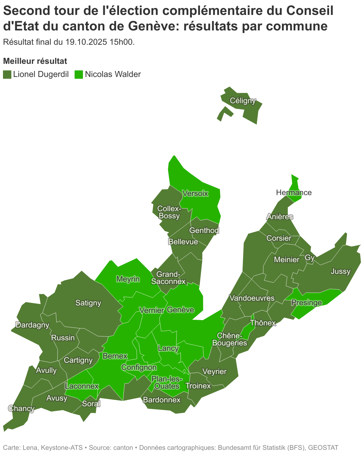 Second tour de l'élection complémentaire du Conseil d'Etat du canton de Genève: résultats par commune (Carte choroplèthe)
