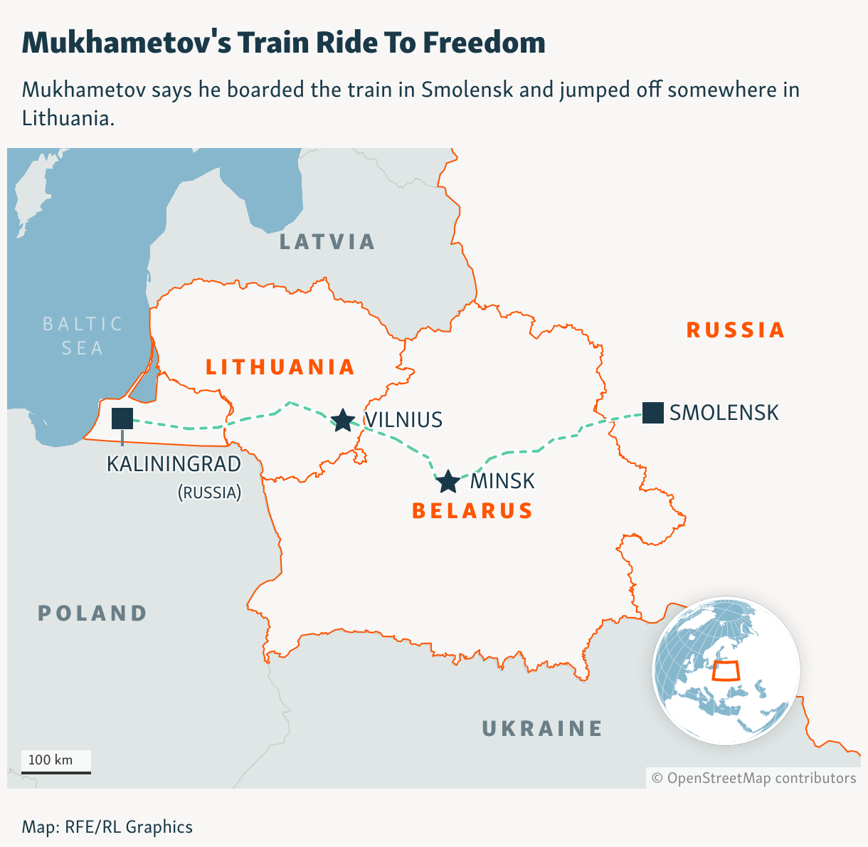 Mukhametov's Train Ride To Freedom (Locator map)