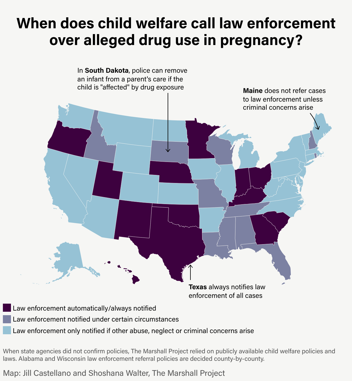 A map distinguishing states where referrals to law enforcement over alleged substance use during pregnancy happen automatically, under certain circumstances or only if other abuse, neglect or criminal concerns arise.