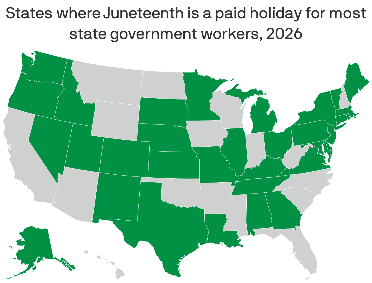 A U.S. map showing states where Juneteenth is a paid holiday for most state government workers in 2026. 33 states and the District of Columbia currently designate it as a paid holiday.