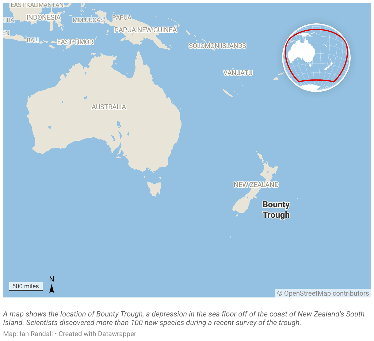 A map shows the location of Bounty Trough, a depression in the sea floor off of the coast of New Zealand's South Island.
