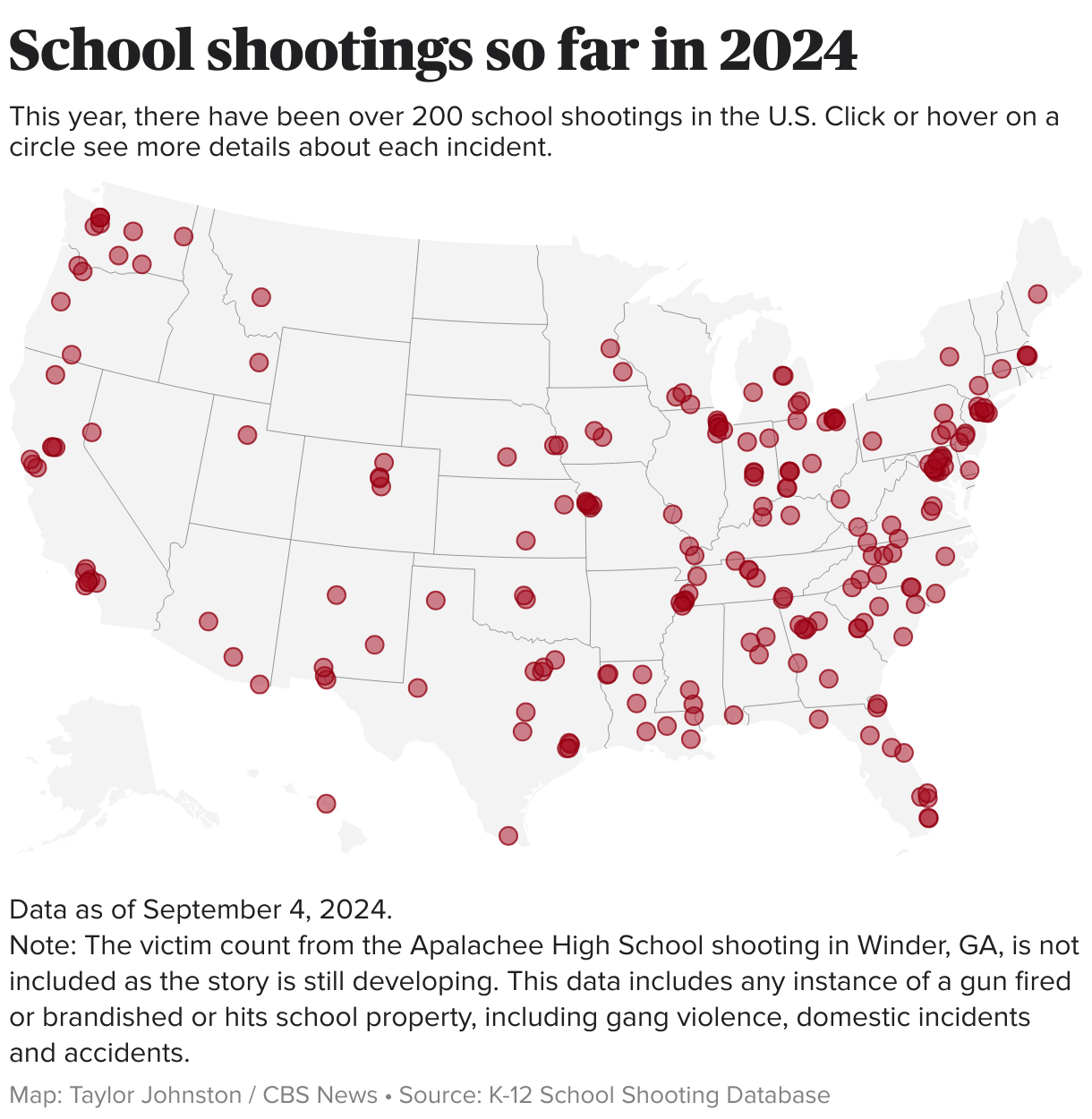 U.S. map showing the locations of school shootings so far 2024.