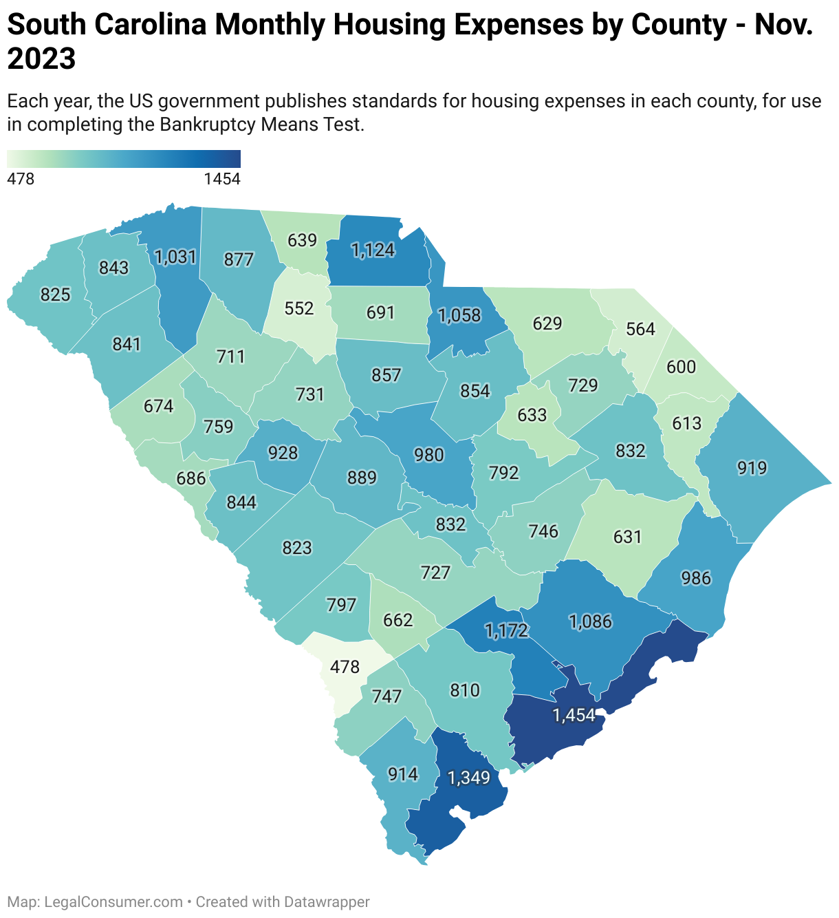 Map of South Carolina Housing Expenses for Bankruptcy Means Test