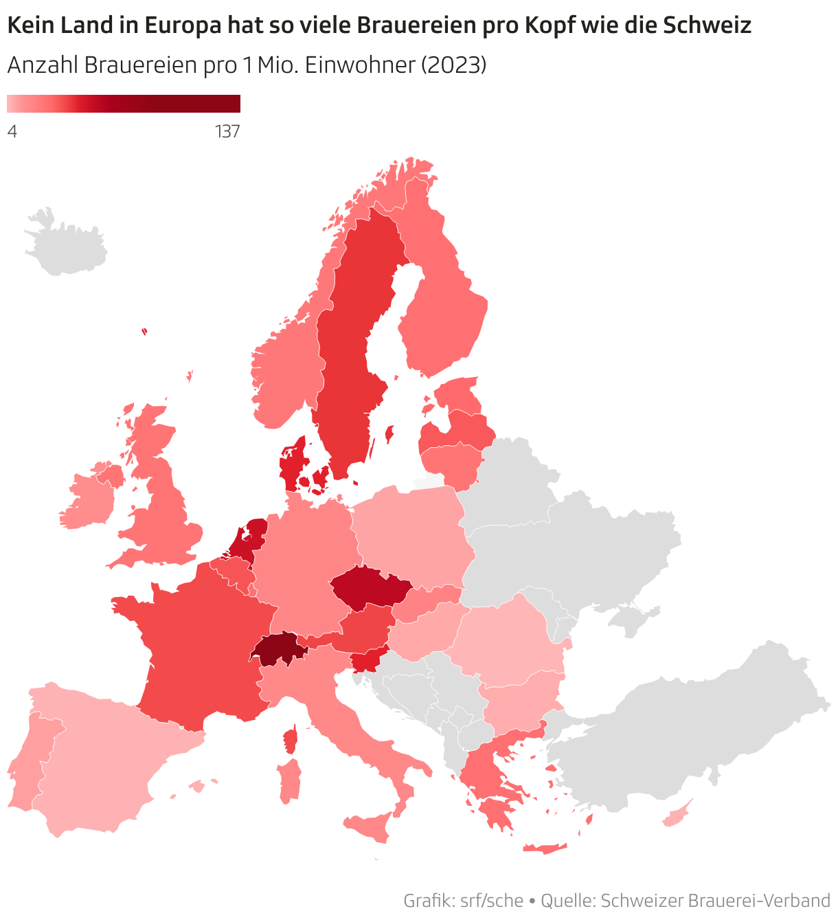 Kein Land in Europa hat so viele Brauereien pro Kopf wie die Schweiz (Choroplethen-Karte)