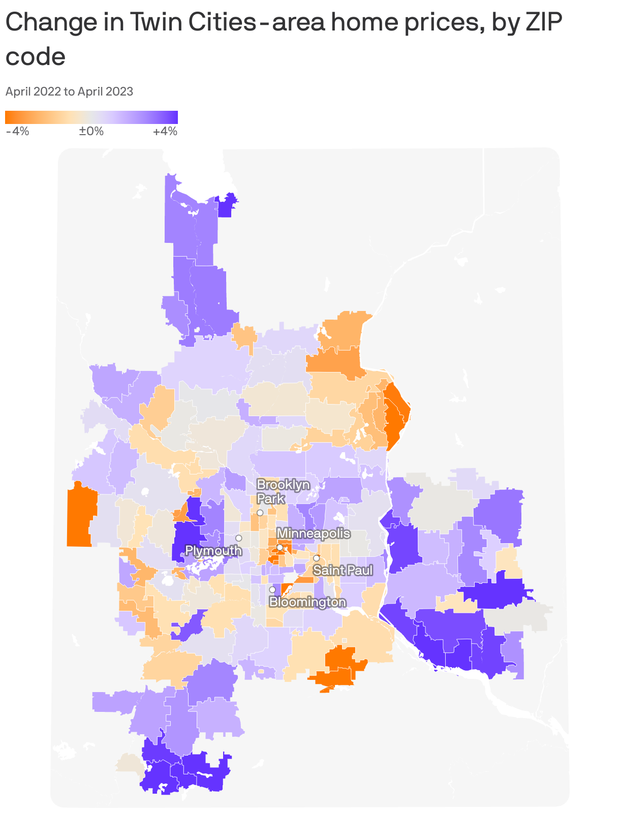 Change in Twin Cities-area home prices, by ZIP code