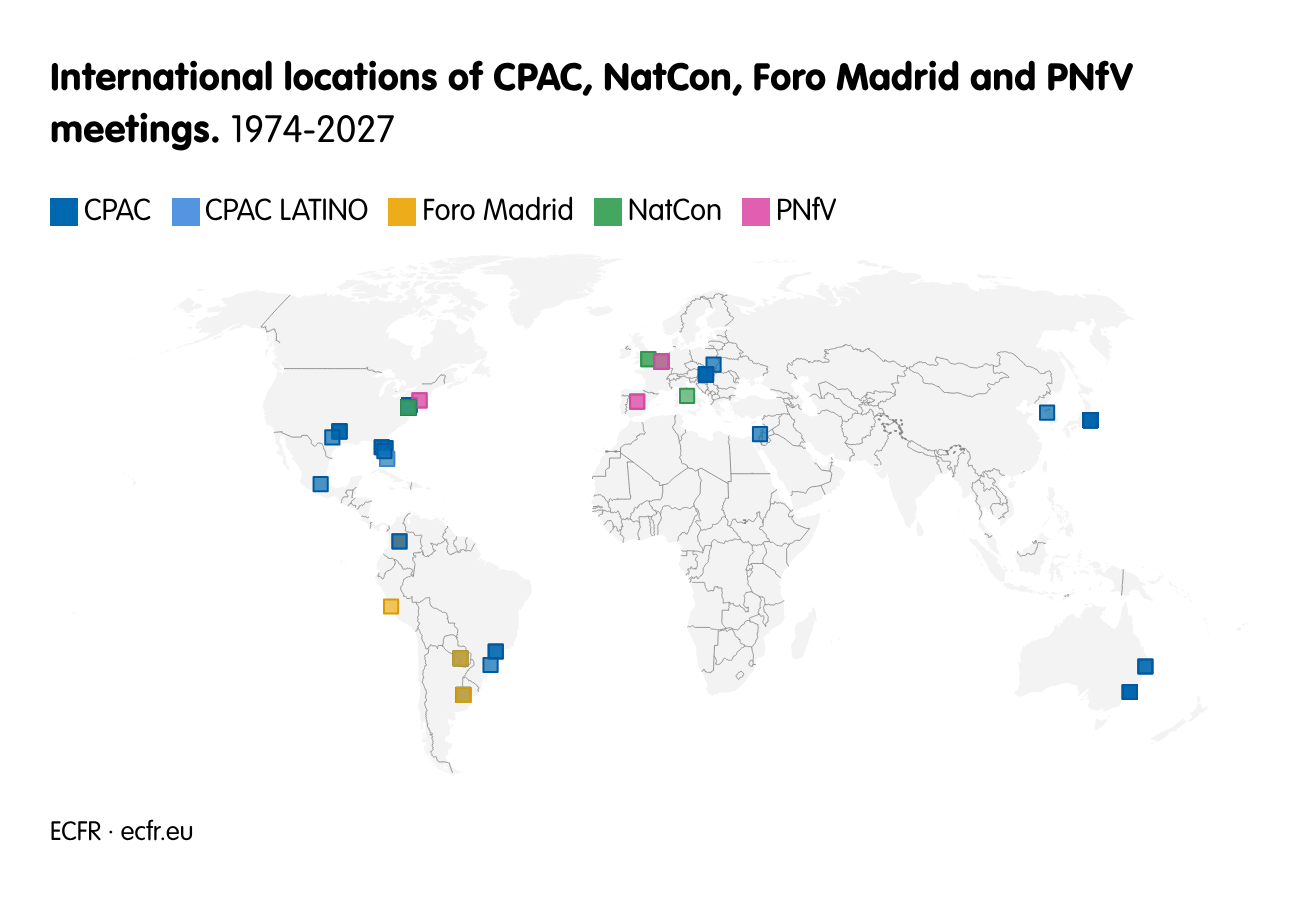 International locations of CPAC, NatCon, Foro Madrid and PNfV meetings.