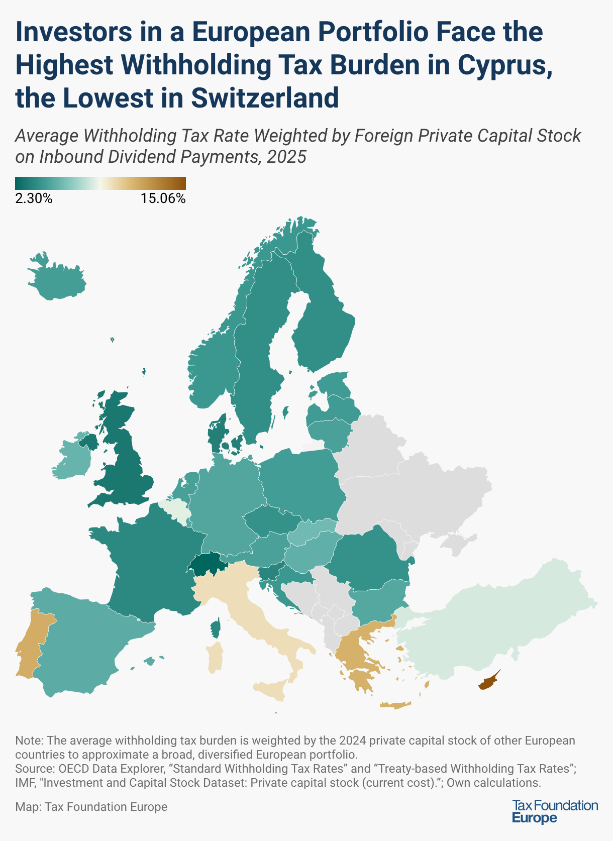 Investors in a European Portfolio Face the Highest Withholding Tax Burden in Cyprus, the Lowest in Switzerland (Choropleth map)