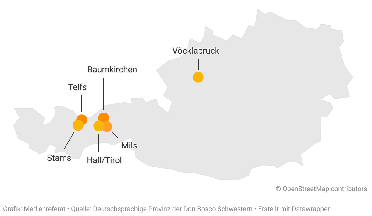 Die Don Bosco Schwestern betreiben in Österreich 16 Bildungseinrichtungen für Kinder und Jugendlich an 6 Standorten. Die Karte zeigt, an welchen Standorten sich die Einrichtungen befinden.