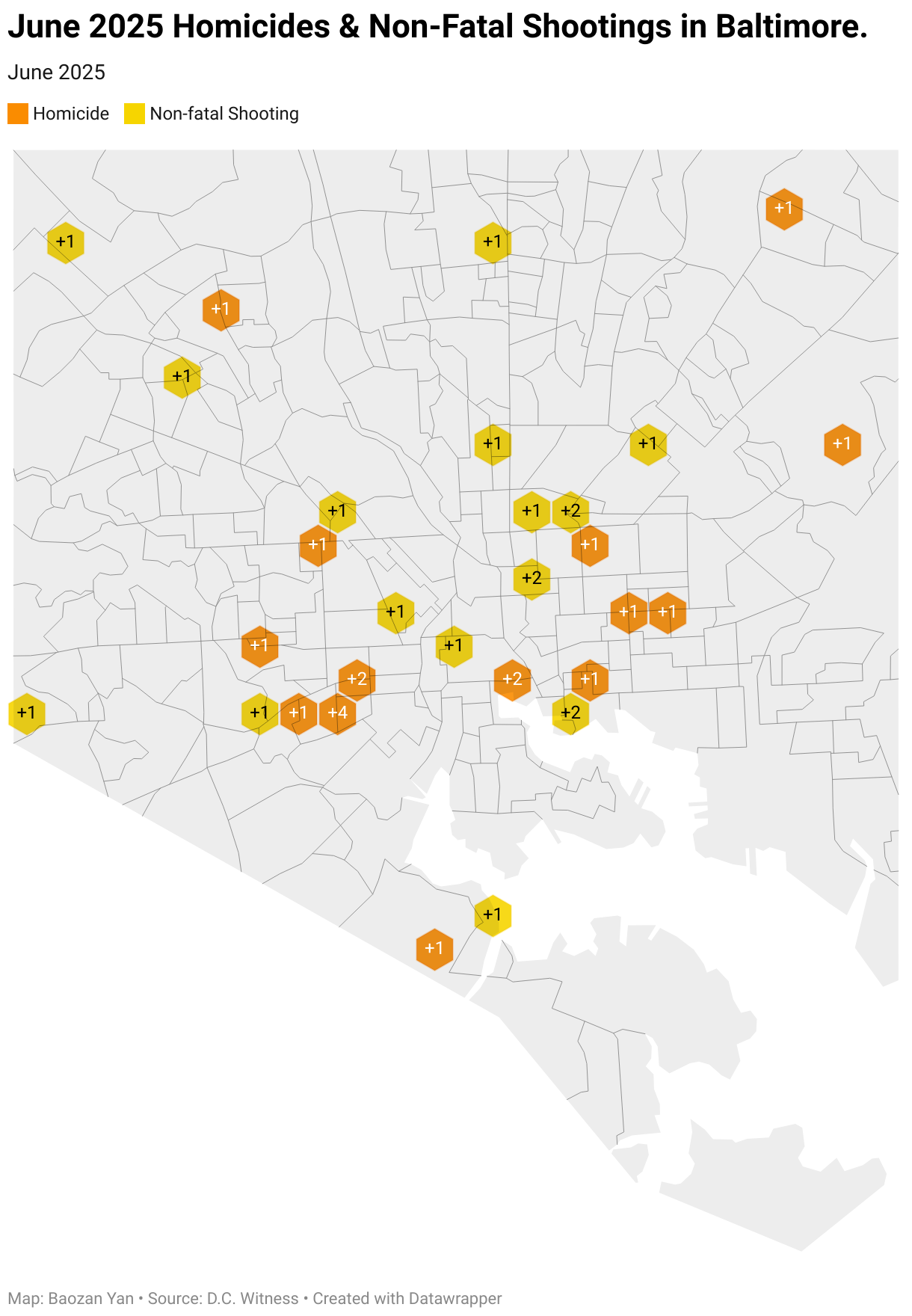 June 2025 Homicides &amp; Non-Fatal Shootings in Baltimore. (Symbol map)
