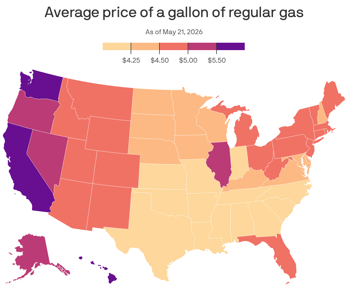 A choropleth map showing the average price of a gallon of regular gas on May 21, 2026. The national average is $4.56. Every state has average prices above $4.
