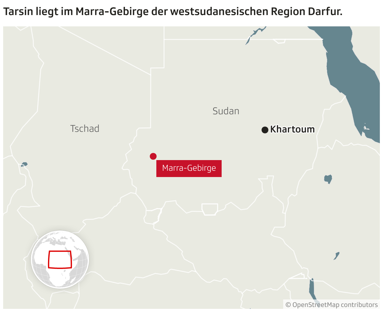 Tarsin liegt im Marra-Gebirge der westsudanesischen Region Darfur. (Locator-Karte)