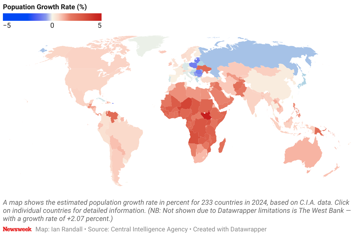 A map shows the estimated population growth rate in percent for 233 countries in 2024, based on C.I.A. data. (NB: Not shown due to Datawrapper limitations is The West Bank — with a growth rate of  2.07 percent.)