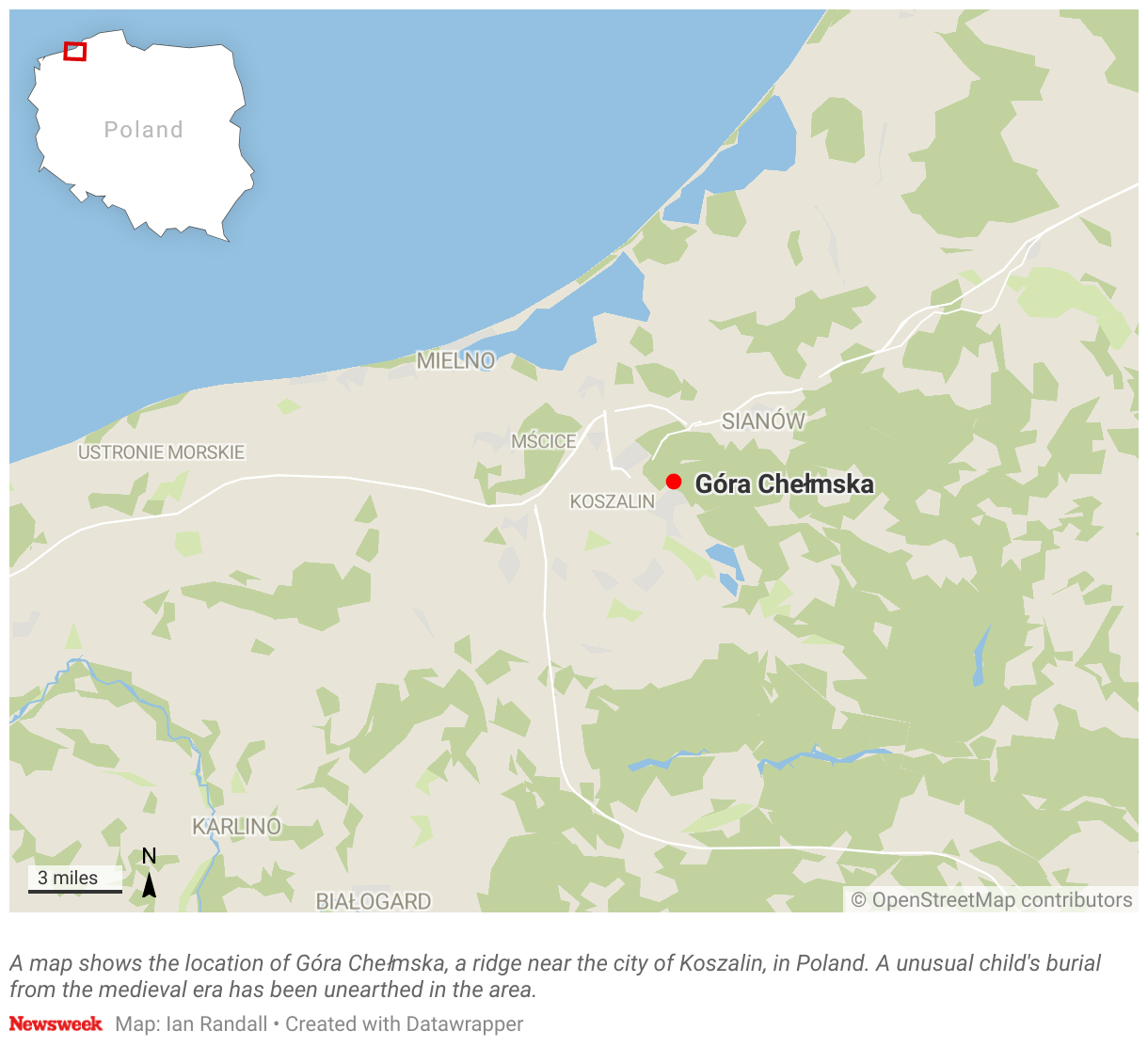 A map shows the location of Góra Chełmska, a ridge near the city of Koszalin, in Poland.