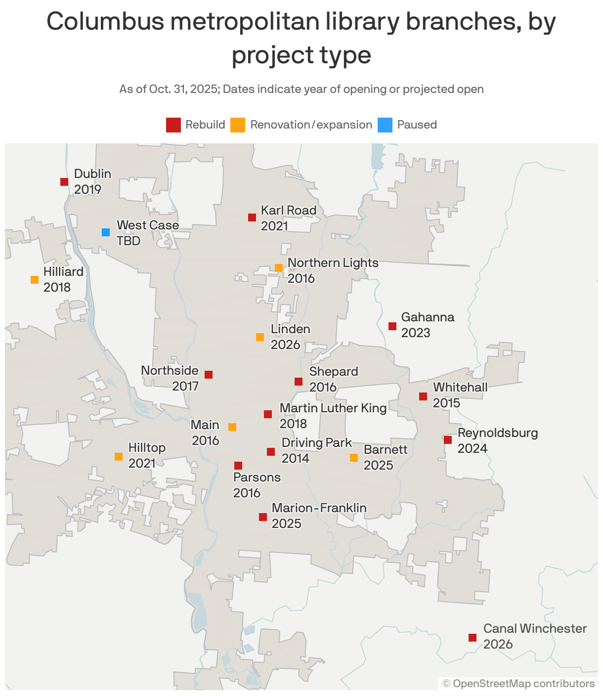 A map showing the locations of 19 past and future Columbus metropolitan library projects.
