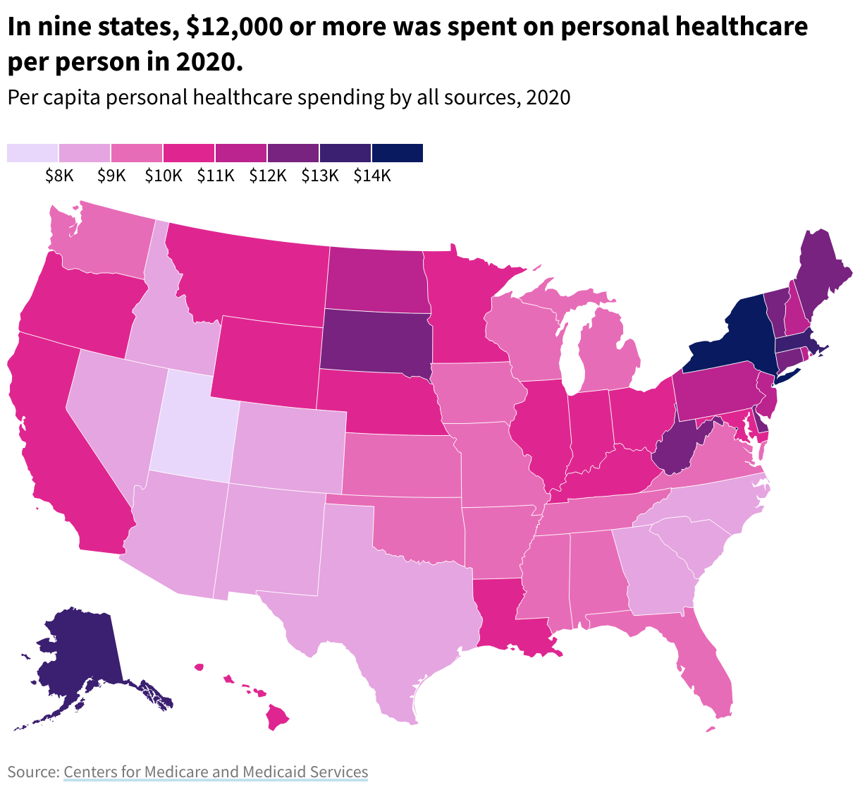 US map showing per capita personal healthcare spending by all sources. In nine states, $12,000 or more was spent on personal healthcare per person in 2020.
