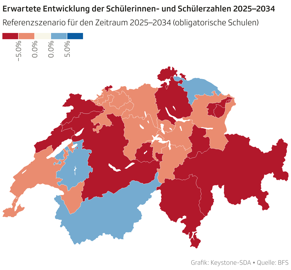 Erwartete Entwicklung der Schülerinnen- und Schülerzahlen 2025–2034 (Choroplethen-Karte)