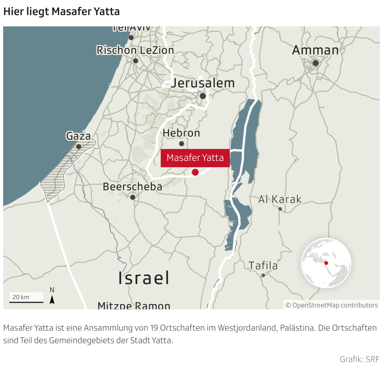 Masafer Yatta ist eine Ansammlung von 19 Ortschaften im Westjordanland, Palästina. Die Ortschaften sind Teil des Gemeindegebiets der Stadt Yatta.