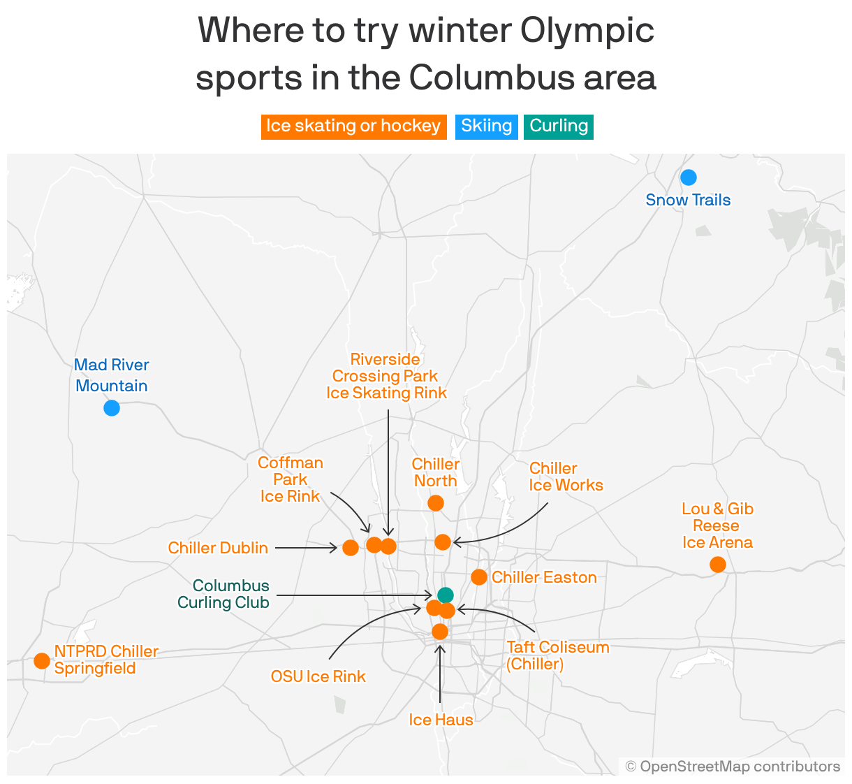 A map of the Columbus, Ohio, area showing 14 places to try winter Olympic sports like ice skating, hockey, skiing and curling.