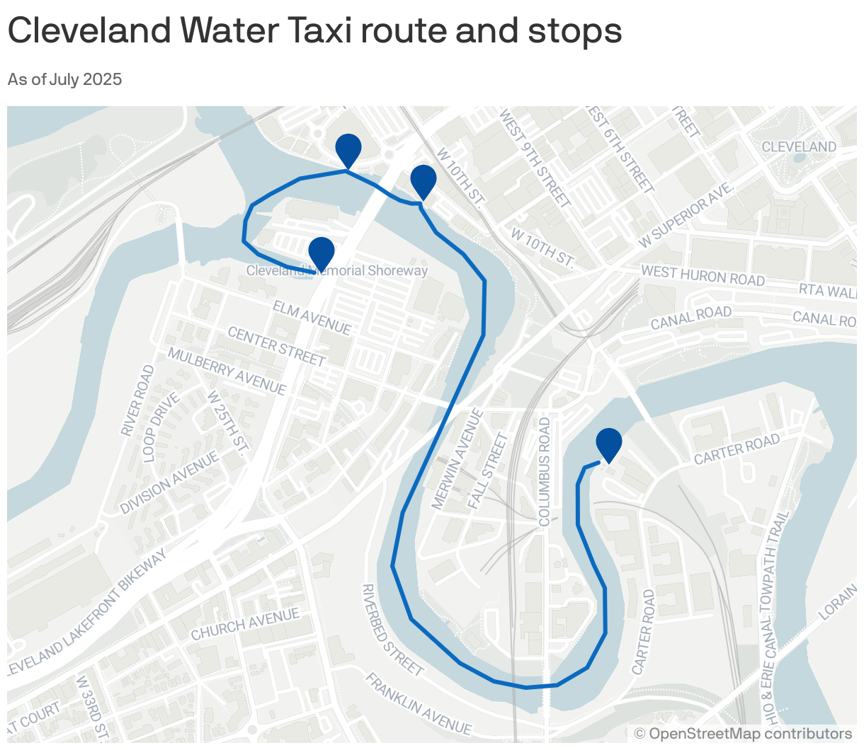 A map showing Cleveland Water Taxi route and stops as of July 2025. The taxi starts at 1180 Main Ave. and goes along the Cuyahoga to BrewDog Cleveland at 1956 Carter Rd.