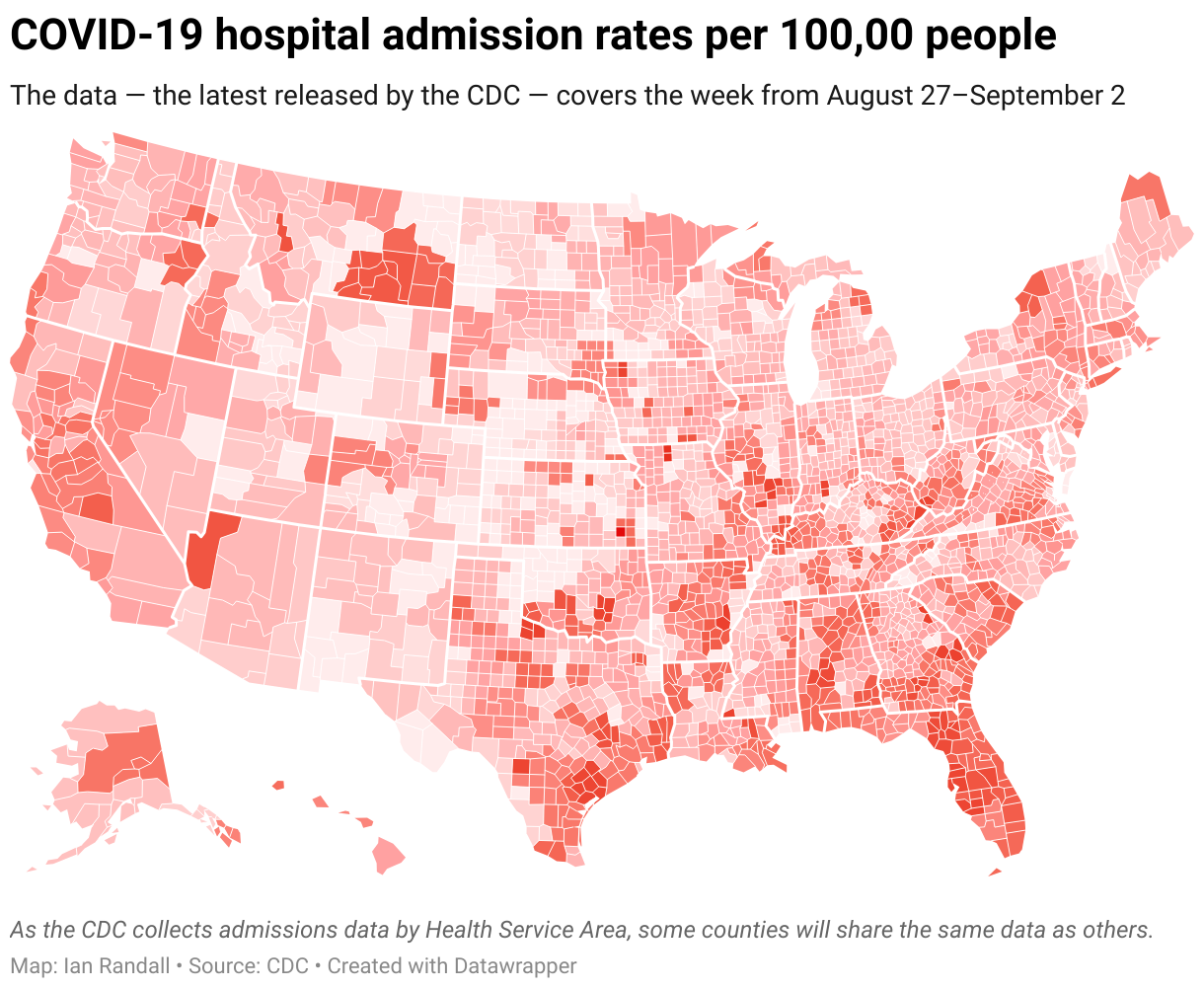A map plotting new COVID-19 hospital admissions per 100,000 people by US county for the week spanning August 27–September 02, 2023.