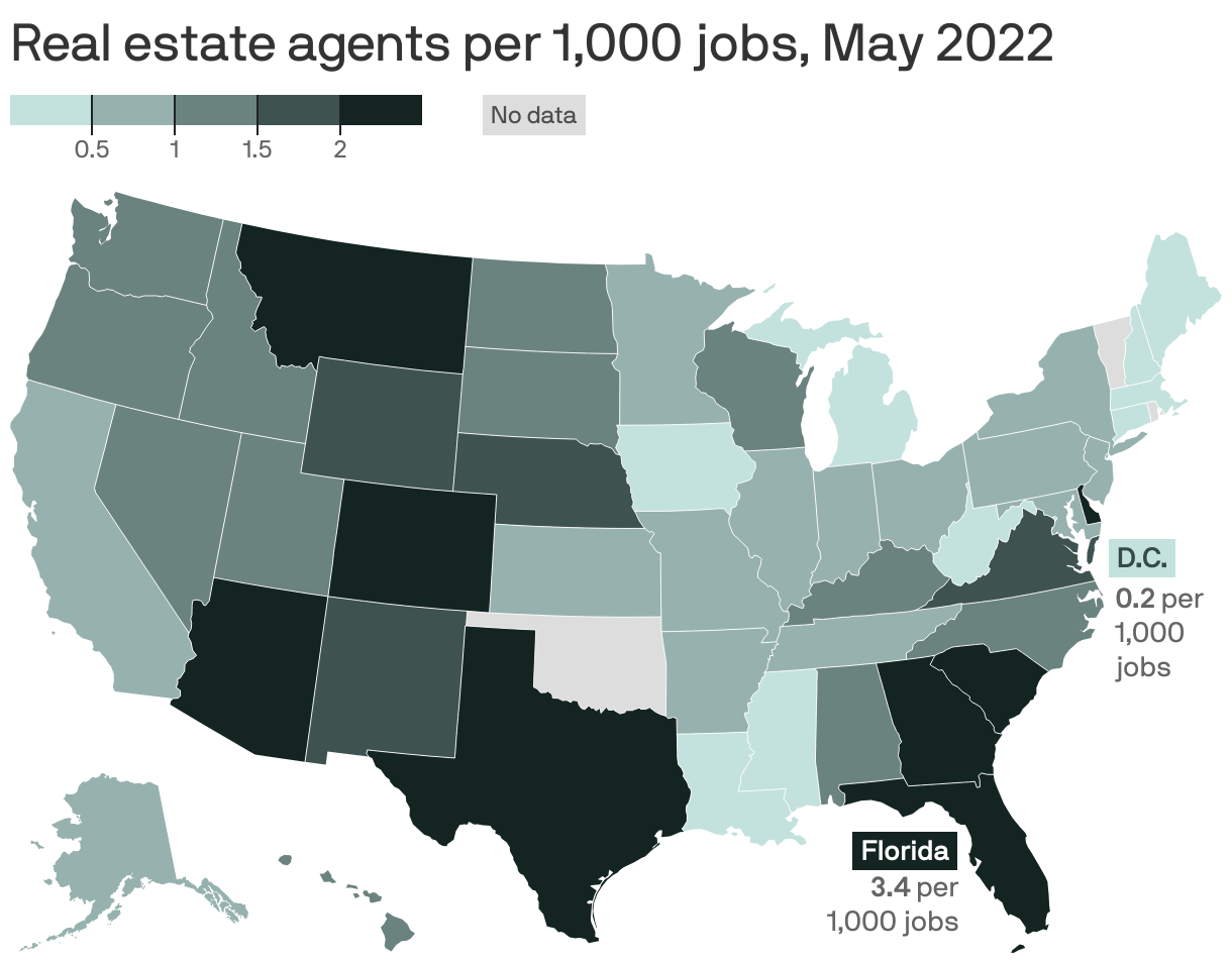 Real estate agents per 1,000 jobs, May 2022