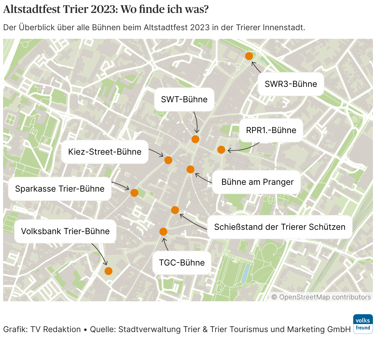 Der Überblick über alle Bühnen beim Altstadtfest 2023 in der Trierer Innenstadt.