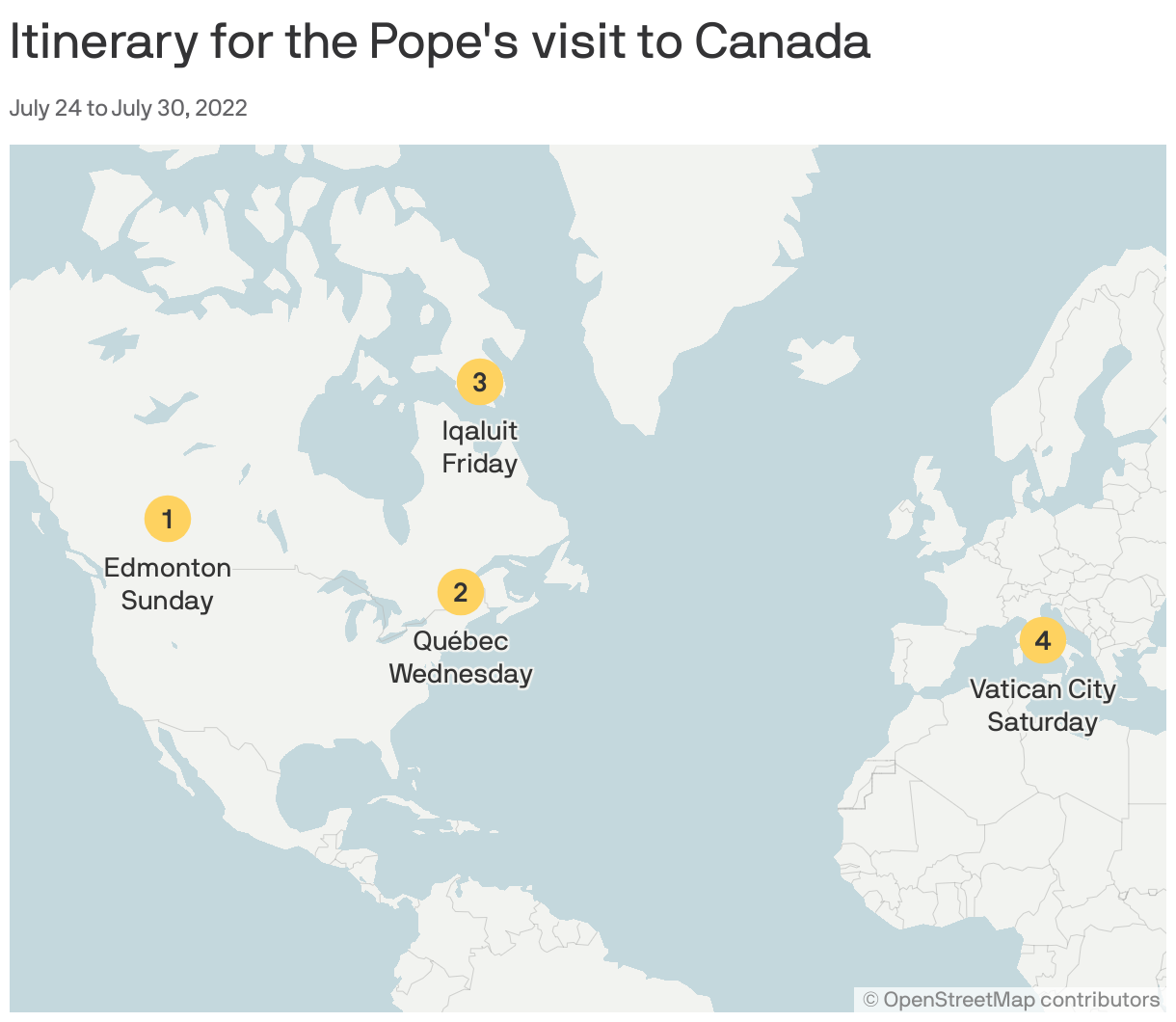 Itinerary for the Pope's visit to Canada