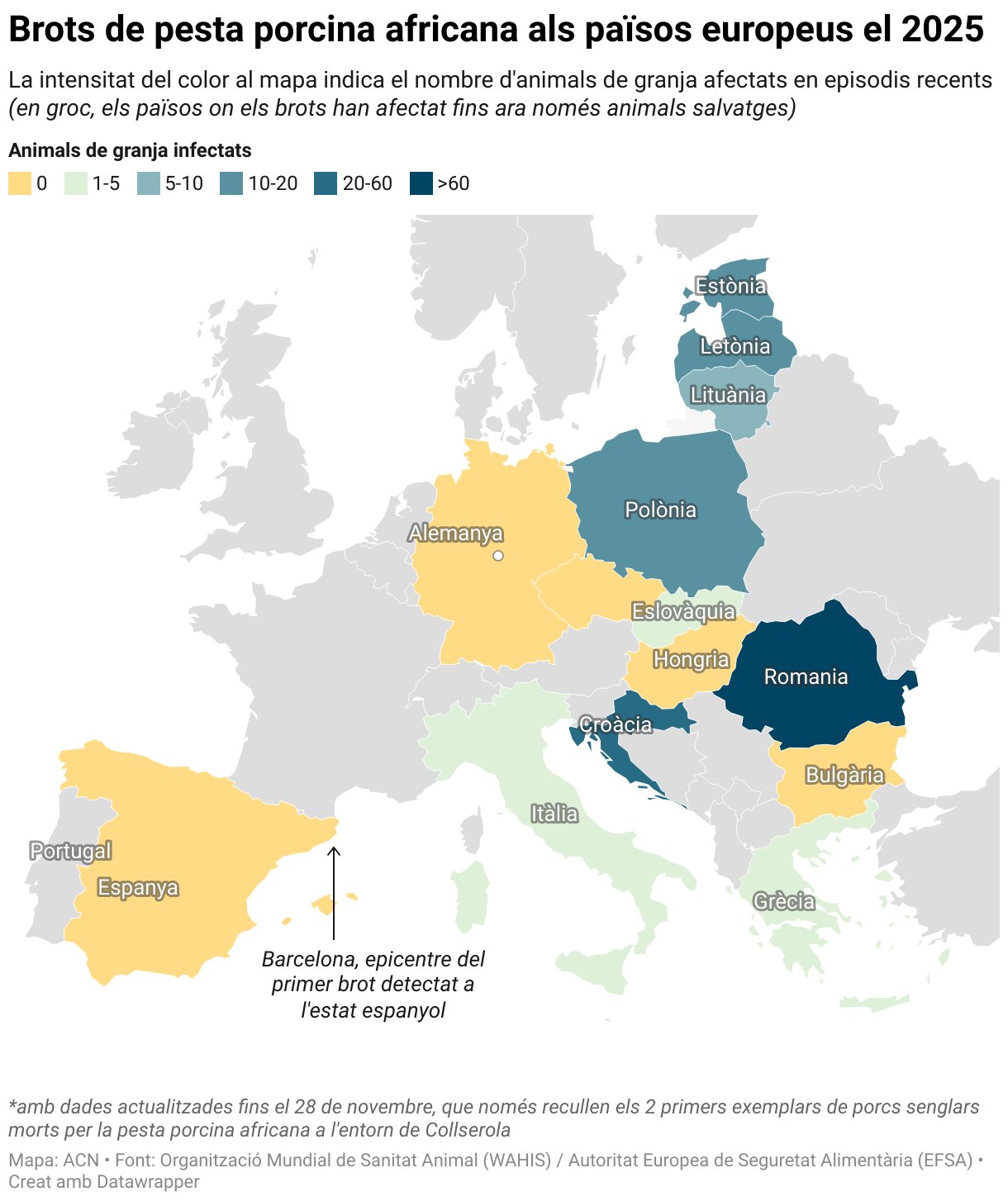 Brotes de peste porcina africana en los países europeos en 2025 (mapa coroplético)