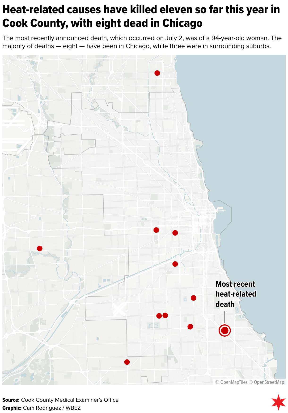Heat-related causes have killed eleven so far this year in Cook County, with eight dead in Chicago (Locator map)